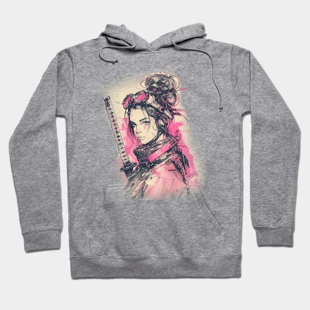 Samurai Girl Pink Cyber Sketch Art Hoodie by Vlaa